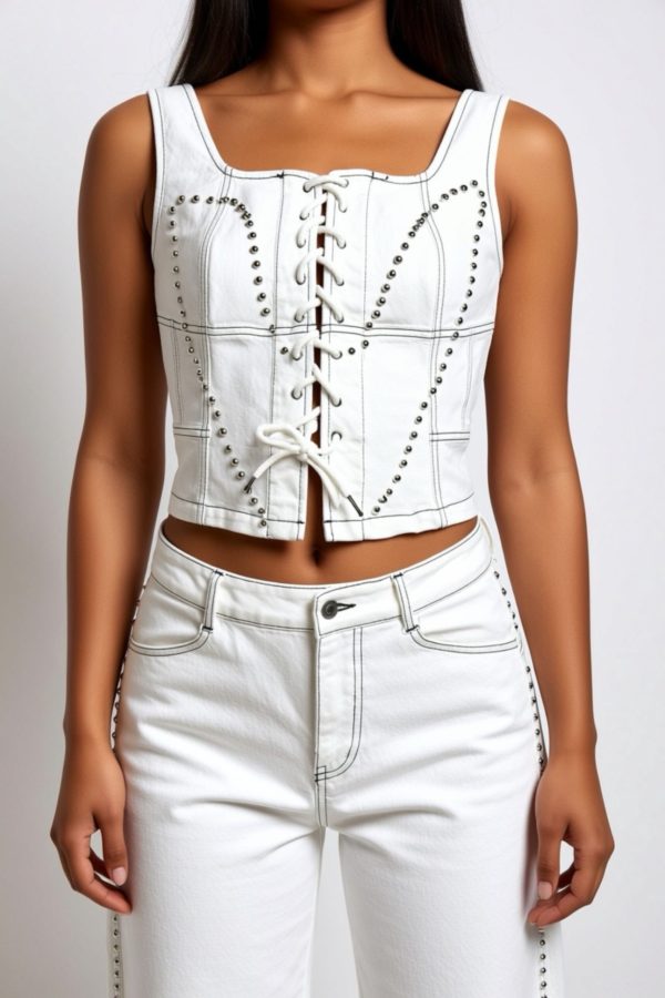 Compleu denim alb cu corset și pantaloni